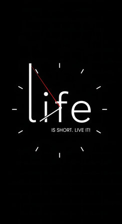 Life is short live it up clock face on black background with red second handの素材