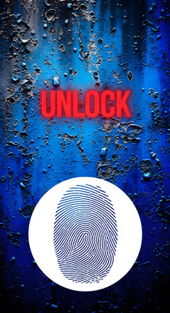 Unlock fingerprint on blue background with peeling paint and red text aboveの素材