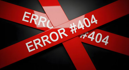 Red tape with error 404 message on black background represents website problemの素材