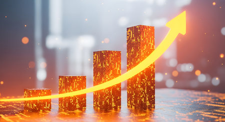 Rising bar graph with arrow pointing up, business growth and success conceptの素材