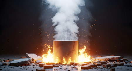 A concrete cylinder is surrounded by fire, smoke, and broken concrete piecesの素材