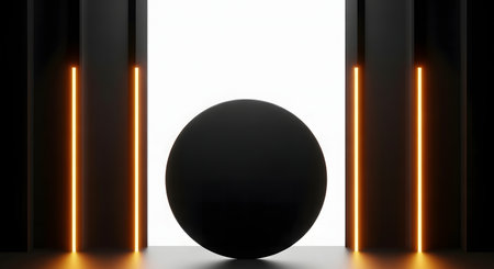 Black sphere in a dark room with orange neon lights, a modern abstract designの素材