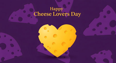 Happy cheese lovers day with heart shaped cheese on purple backgroundの素材