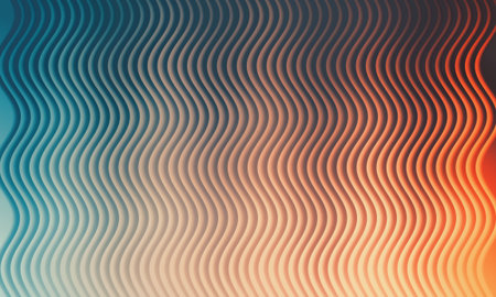 A captivating abstract background featuring wavy lines and a mesmerizing blend of blue and orange gradient color tones. Perfect for adding depth and visual appeal.の写真素材