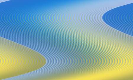 A vibrant abstract background featuring wavy lines in shades of blue, yellow, and white, creating a dynamic and modern design with a smooth gradient effect.の写真素材