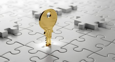 Golden key standing on a white jigsaw puzzleの素材