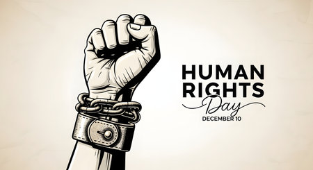 Human rights day concept with a fist breaking chains and textの素材