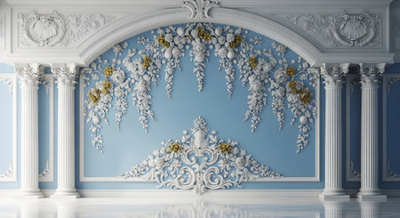 Ornate classical interior wall with columns and floral stuccoの素材