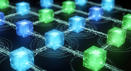 Abstract blockchain network concept with glowing cubes and data connectionsの素材