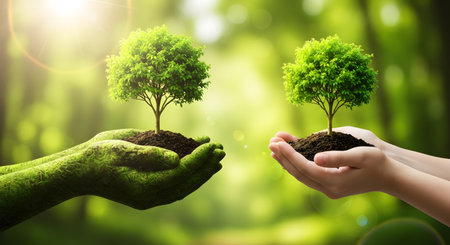Human hands holding a tree growing in the ground with green nature backgroundの素材
