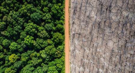 Aerial view of a dirt road in the middle of a forestの素材