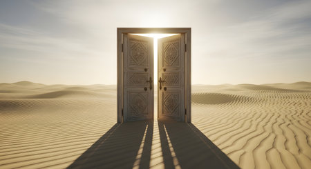 Open door in the desert. 3D render. Conceptual image.の素材