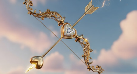 Luxury golden cupid's bow and arrow on sky backgroundの素材