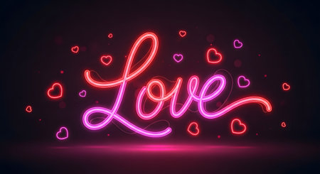 Neon lettering of love with hearts on dark background. Vector illustration.の素材