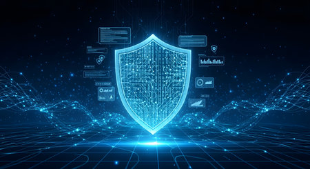 Cyber security concept with glowing shield and blue background. 3D Renderingの素材