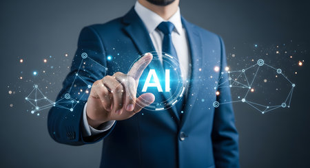 Businessman pressing artificial intelligence (AI) button on a virtual screenの素材