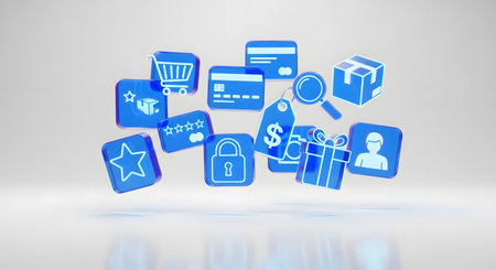 3D rendering of shopping icons in a white background with blue elementsの素材