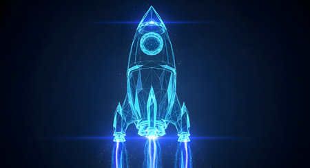 Abstract polygonal space rocket on dark blue background. Startup concept. 3D Renderingの素材