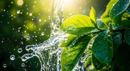 Fresh strawberries with water splash on colorful background, close up view.の素材