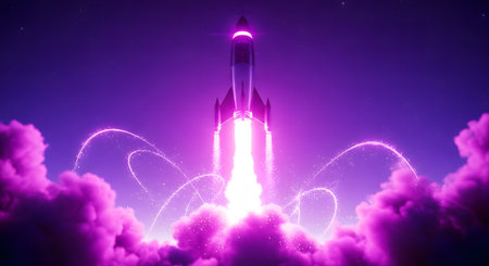 Rocket in the night sky. 3d illustration. Space travel concept.の素材
