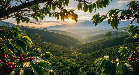 Wooden round podium on green field with mountains background, 3d renderの素材