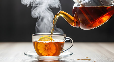Pouring tea from teapot into cup on wooden table, closeupの素材