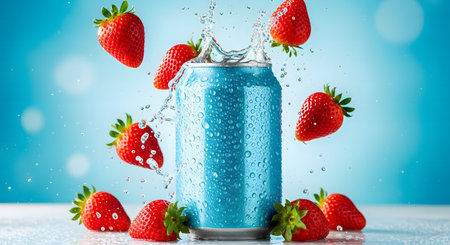 Strawberries falling into a blue soda can with water splashesの素材