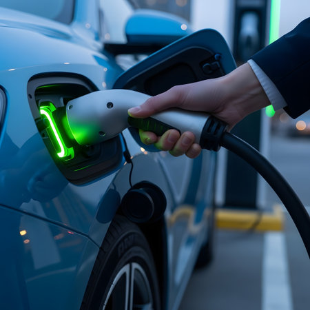 EV charging station for electric car in concept of green energy produced from sustainable source to supply to charger station in order to reduce CO2 emission.の素材