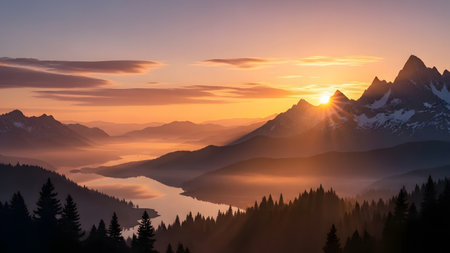 Mountain landscape with lake and forest at sunrise. Panorama.の素材