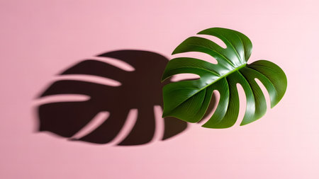Monstera leaf on pink background with shadow. Tropical summer concept.の素材