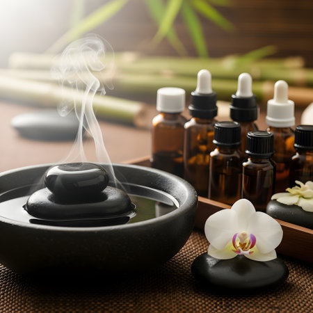 Spa still life with hot stones, orchid flower and aroma oilの素材