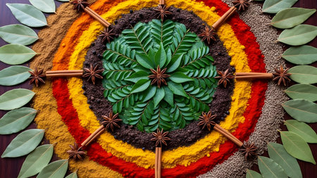 Spices and herbs on colorful background,spices and herbs backgroundの素材