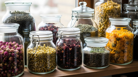 Variety of dry herbs and spices in glass jars on wooden shelvesの素材