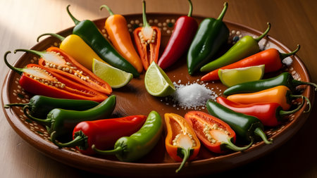 Colorful chili peppers with lime slices and salt on wooden table.の素材