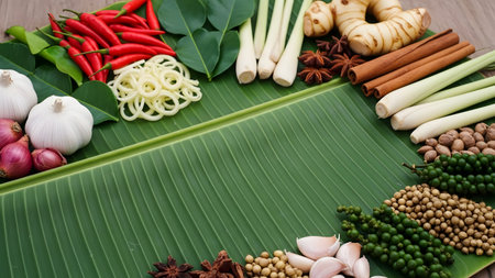 Spices and herbs on banana leaf background. Thai food ingredients.の素材