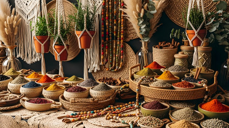 Spices and herbs in wicker baskets. Food and cuisine ingredientsの素材