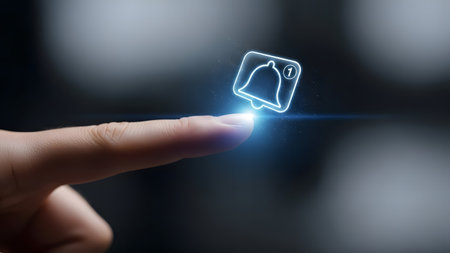 Close up of hand touching bell icon on virtual screen 3D renderingの素材