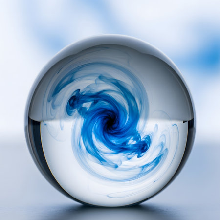 A closeup shot of a crystal ball with a blue liquid insideの素材