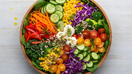 Fresh vegetable salad in wooden bowl. Healthy food concept. Top viewの素材