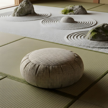 Japanese zen garden with round wooden poufs and stones.の素材