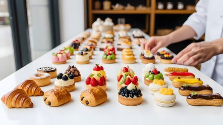 cropped view of confectioner standing near table with pastry in bakeryの素材