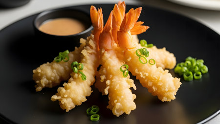 Fried Shrimp Tempura with sauce on black plate, closeupの素材