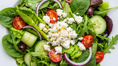 Healthy salad with feta cheese and fresh vegetables on white backgroundの素材