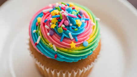 Rainbow cupcake on white plate. Shallow dof.の素材