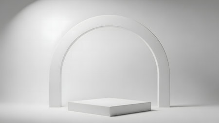 3D rendering of a white podium in a white room with archの素材