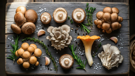 Mushrooms and ingredients for cooking on wooden background, top viewの素材