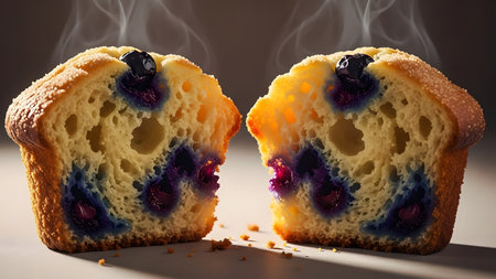 Blueberry muffins with smoke on a white background, close-upの素材