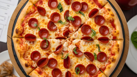 Top view of a pizza with salami and mozzarella cheeseの素材