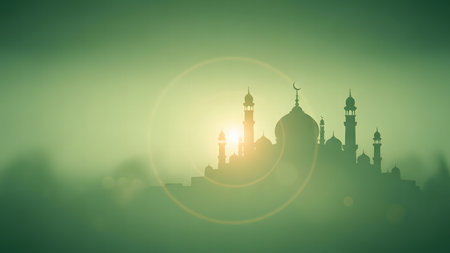 Silhouette of mosque on green background. Ramadan Kareem.の素材