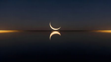 Moon and sunrise reflected in the water of the lake at night.の素材